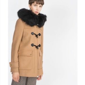 Zara Womens Camel Tan Plaid Interior Black Accents Hooded Warm Heavy Coat Jacket